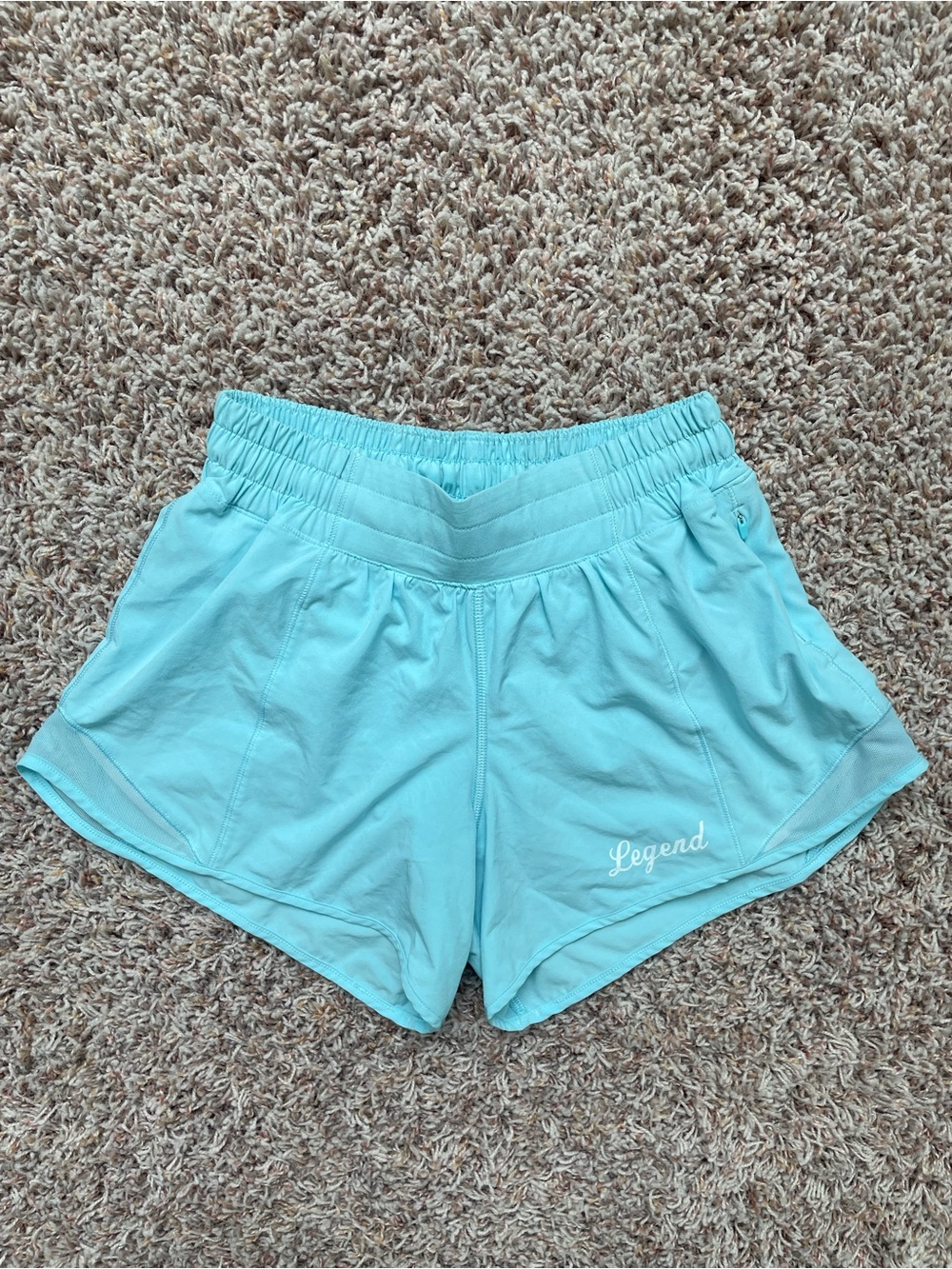 Lululemon Aqua Blue Athletic Shorts Elastic Waist Women Size 4 “Legend” Decal